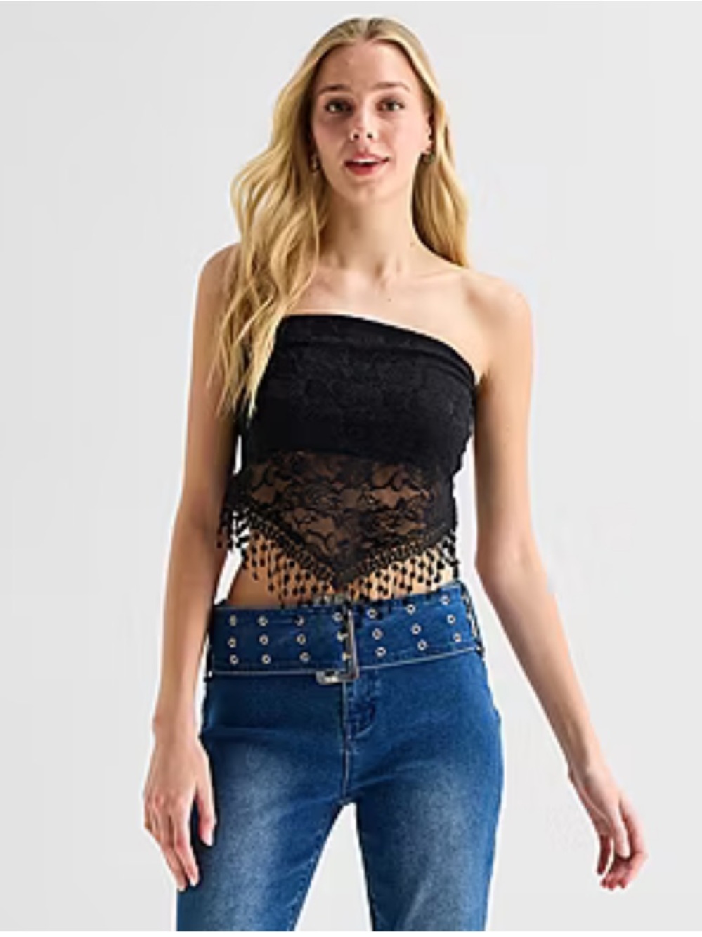 NWT!! Forever 21 Black Lace Fringe Strapless Crop - Picture 2 of 5